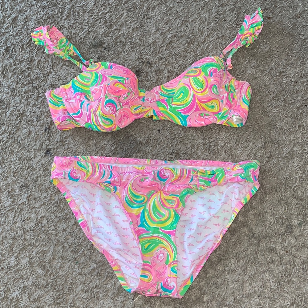 Lilly Pulitzer Hannah Ruffle Bikini set in All Nighter Flamingo Print
